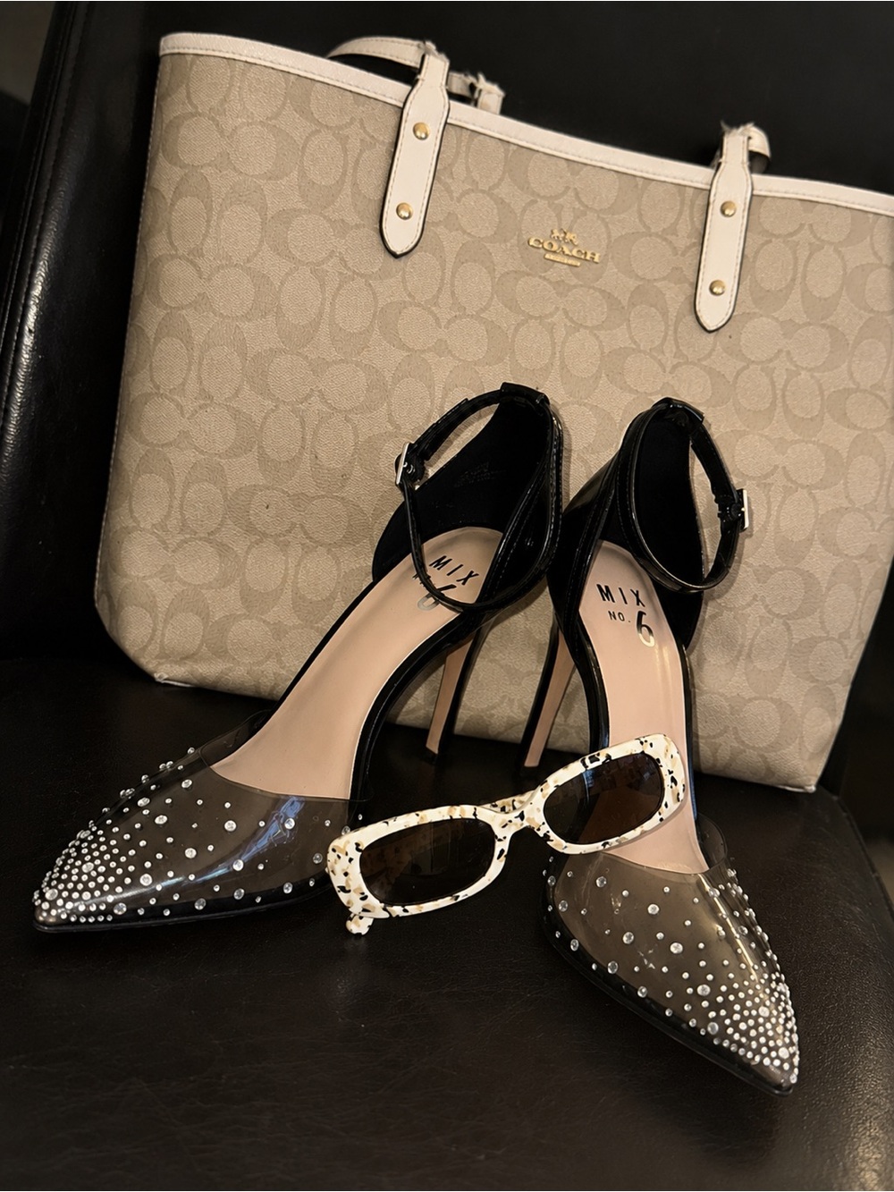 Mix No. 6 Black Crystal-Studded Pointed-Toe Ankle-Strap Heels